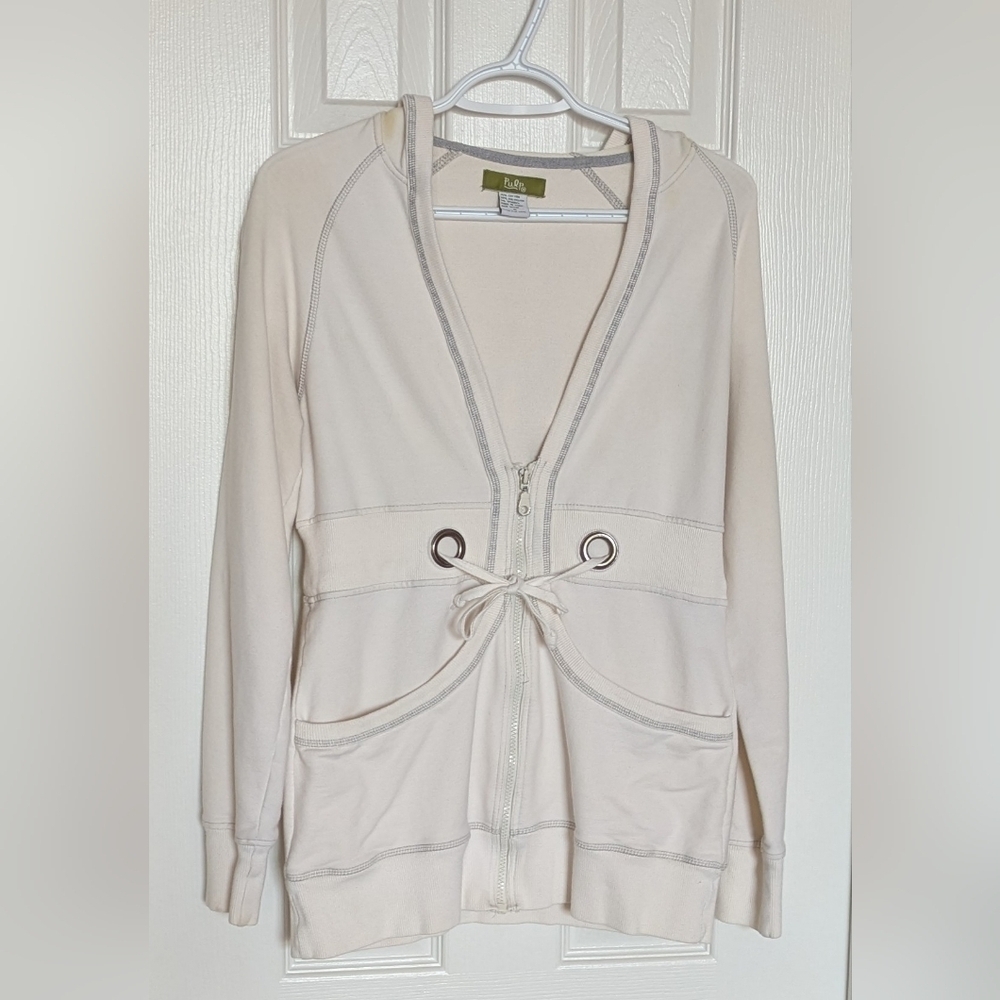 Women's (Size M) Long Off-White Zip-Up Hoodie/Jacket With Grey Trim & Drawstring